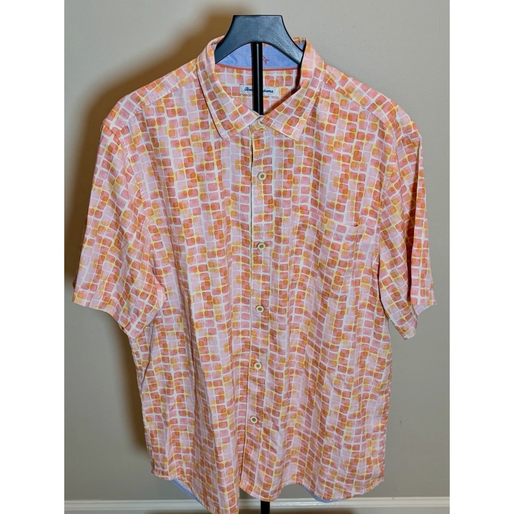 Tommy Bahama Island Zone Mens XLT Pink Orange Geometric Silk Blend Shirt